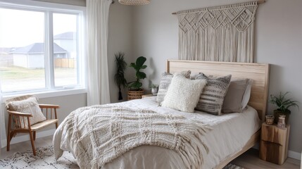 scandinavian bedroom with neutral colors, boho macrame wall hanging, light wood bed frame, cozy textiles