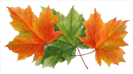 Fototapeta premium Three leaves exhibit stunning autumn colors capturing natures beauty during fall season.