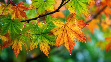 Colorful maple leaves display rich hues of green orange and yellow while glistening after rain.