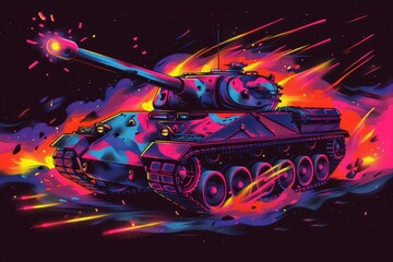 Naklejka premium The tank is in battle, firing at the enemy. Object with colorful splashes on black background. Neural network ai generated art