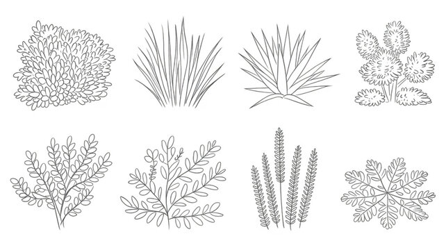 set of shrubs line cad, minimal isolated on white background. Ground cover. Illustration for elevation architectural element, side view, grass section. Turf coating banners for edging