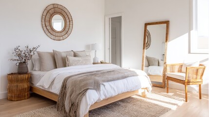 scandinavian bedroom with white walls, wooden and rattan details, neutral bedding, soft morning light