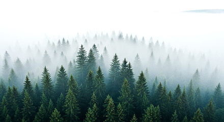A tranquil forest shrouded in thick fog, with tall evergreen trees fading into the mist, creating a calm and mysterious ambiance.