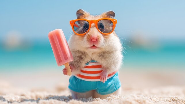 A cute hamster dressed in swimwear holds a colorful popsicle enjoying a sunny beach day.