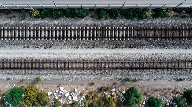 Aerial view of two parallel railway tracks with gravel and vegetation on either side of the tracks