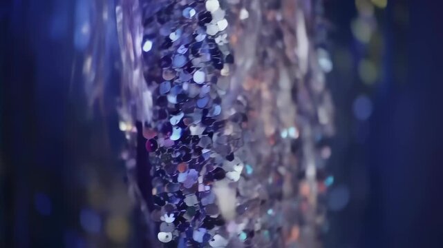 Close up of a person wearing a sparkling sequin dress in a dimly lit environment.
