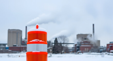 Obraz premium Winter Industrial Landscape with Smoking Stacks and Snow Covered Barricade