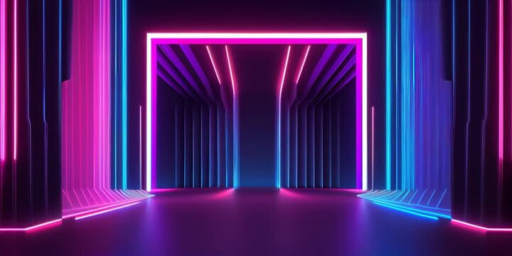 Neon dark stage glowing and zooming in, lighting up empty rooms: neon light changing colour, purple, pink, blue background - dance floorer  for product display in studio, backdrop for photo shooting. 