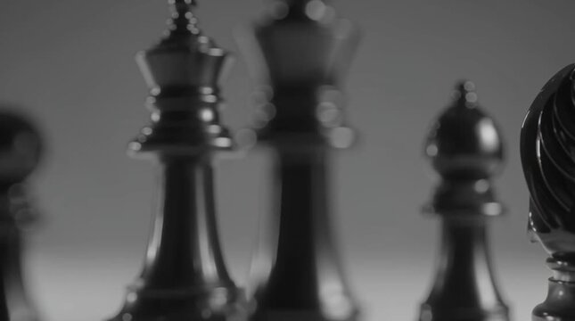 A close up shot of black chess pieces including a king pawn knight bishop and queen on a board game