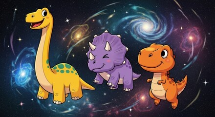Smiling dinosaurs in vibrant outer space with stars and nebulae
