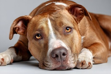 Brown and white dog with a black nose and brown eyes is laying down on a grey surface