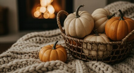 Warm autumn ambiance with a basket filled with assorted pumpkins, a cozy knit blanket, and a gentle fireplace glow.