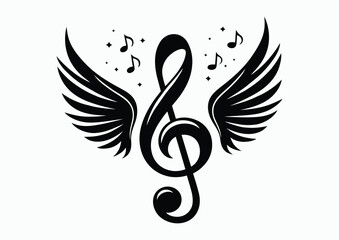 Treble clef flying on wings, black and white vector illustration © batya