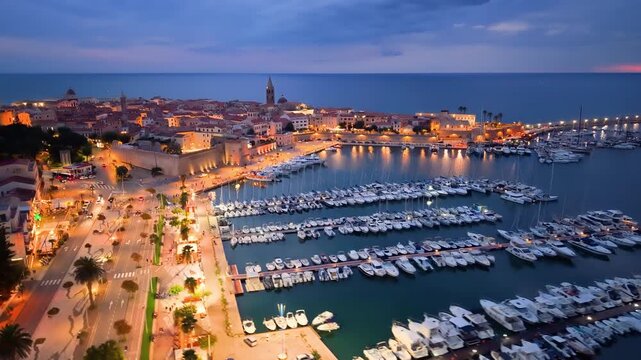 Aerial view of evening seaside fortress, scenic drone footage captures italian coast fortress during sunset evening. Algero