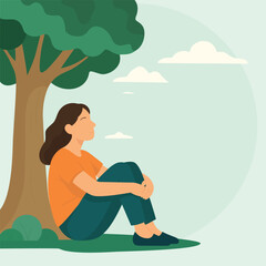 Introvert woman sitting under tree outdoors