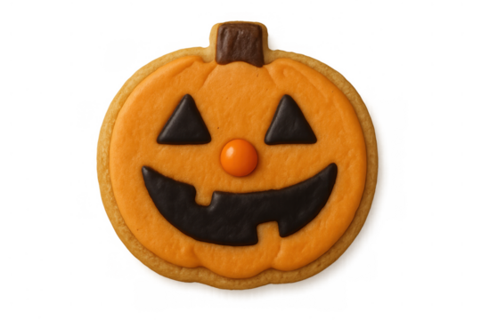Halloween pumpkin jack-o'-lantern cookie celebrating spooky season with sweet treats for trick or treat, transparent background - Powered by Adobe