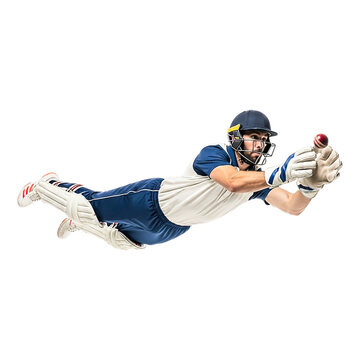 Dynamic image of a wicketkeeper in full cricket gear diving mid-air to catch a ball during a match.