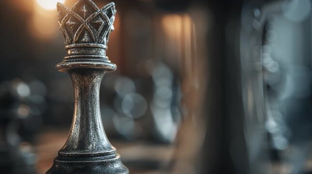 Close up shot of a chess queen piece on a chess board with blurred background and warm lighting effect