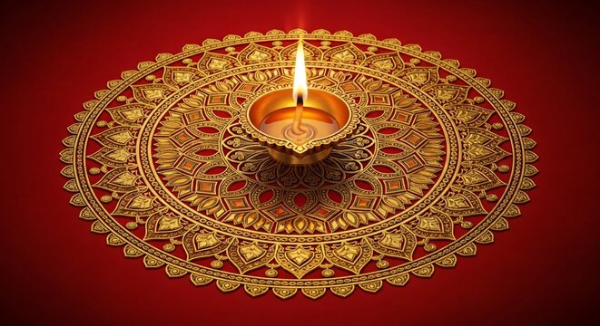Golden Diwali Diya Lamp on Intricate Rangoli Celebrating Festival of Lights Tradition