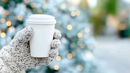 Hand in knitted glove holding blank white takeaway coffee cup outdoors against blurred festive lights background, winter concept for branding mockup