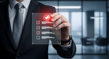 Professional businessman checks off tasks on glowing digital checklist in modern office