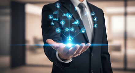 Professional businessman showcasing digital network connections and growth analytics in a modern office