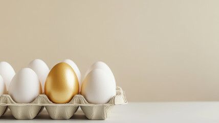 Golden egg nestled in a cardboard carton with white eggs, demonstrating concepts of being unique, special, and premium