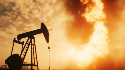 Pumpjack drawing oil from the ground, with a large, dramatic fire burst in the background, representing fossil fuel conflict and power