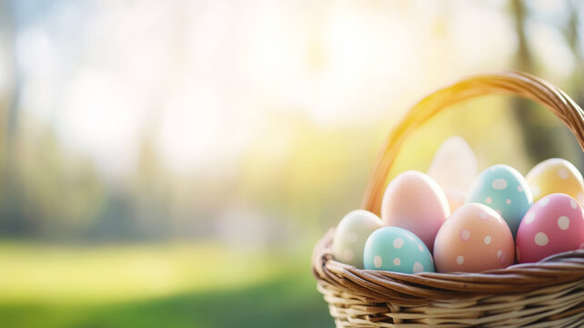 Basket filled with colorful Easter eggs symbolizing new beginnings and happiness, adorned with pastel shades and cheerful polka dot patterns to celebrate the arrival of spring