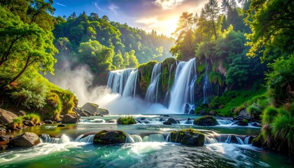 Fototapeta premium Lush waterfall cascading through a forest with sunlight filtering through trees creates a scenic, tranquil landscape