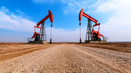 Twin red oil pumpjacks operating on a vast arid landscape under a clear sky, extracting crude oil for energy production