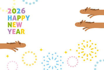 午年の馬と花火のかわいい年賀状イラスト｜2026 Happy New Year・白背景
