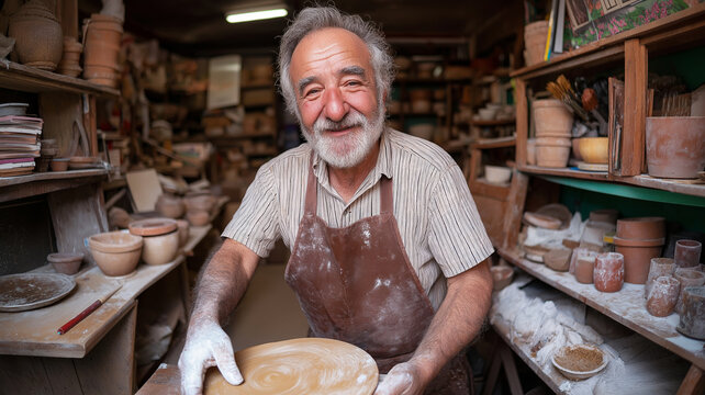 Smiling senior artisan potter shaping clay in a busy traditional workshop, demonstrating craftsmanship and dedication to art
