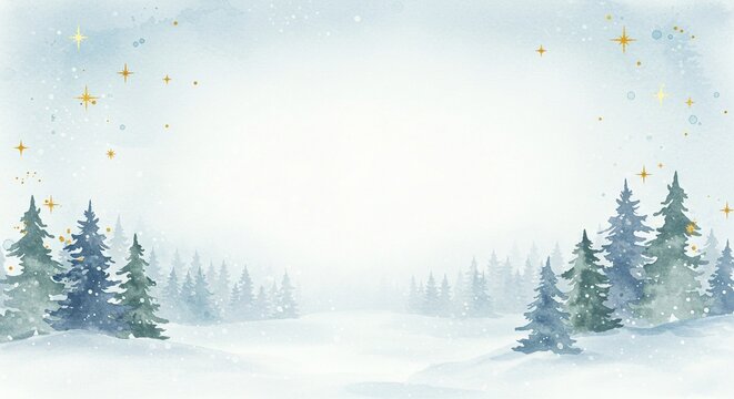 A serene winter scene with snow-covered evergreen trees, soft lighting, and a scattering of golden stars above the forest. - Powered by Adobe