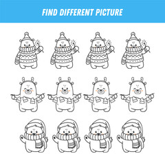 Find different bear in each row. Christmas Logical game for kids. Cartoon tedy bear. Doodle. Vector
