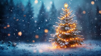 Magical Christmas tree glows under falling snow in winter wonderland, perfect for holiday greetings and festive designs to bring joy this season