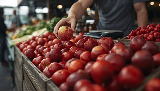 Hand selecting a fresh apple from a crate at a vibrant outdoor farmers market