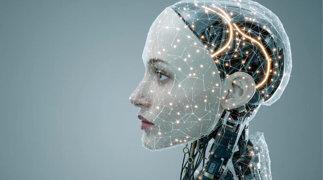 Side view of a female robot with glowing connections and exposed neck wiring on a light background