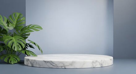 Obraz premium A stunning minimalist red marble podium with a lush green plant on the left side. The red background enhances the beauty of the marble, making it perfect for product displacement. Ideal for showcasing