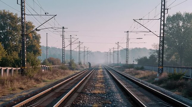 View of railway tracks stretching into the distance with overhead power lines and trees alongside them