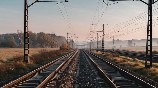 View of train tracks stretching into the distance with overhead power lines and trees on the sides