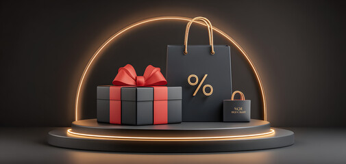 Black Friday Sale. Realistic 3d design stage podium, round studio, gold neon lights, gift box black, red bow, shopping bag, big percent label discount. Creative marketing concept. Vector illustration
