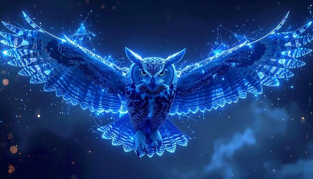 Luminous, blue owl with outstretched wings, surrounded by glowing geometric shapes against a dark, blurred background