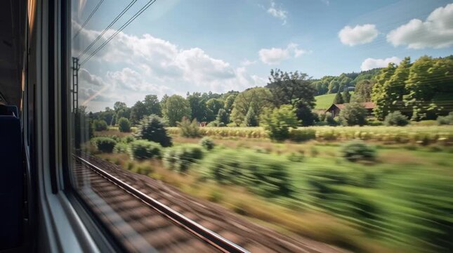 View from a train window showing trees and tracks passing by on a sunny day with some clouds visible