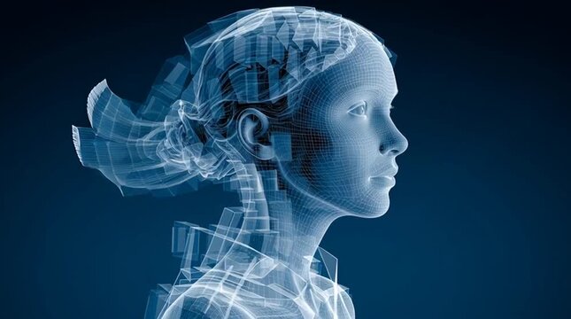 Digital rendering of a woman's head and neck in profile with a wireframe grid structure design