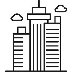 Group Of Tall Buildings On Transparent Background Cityscape Outline Illustration With Clouds