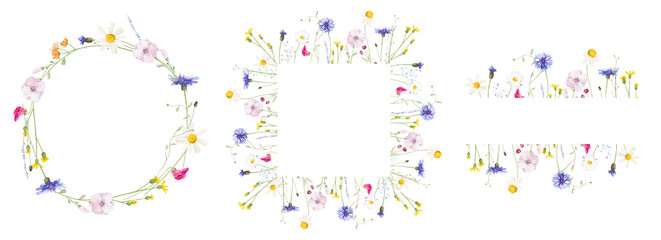 Watercolor floral round, square, stripe wreath frame set. Wild meadow blue cornflowers, pink, violet, orange, yellow flowers, green branches. Hand drawn style illustration. Artistic template design.