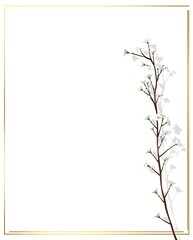 Obraz premium Ultra-minimalist vertical card template with a thin golden border, featuring a simple flowering branch with tiny white buds running vertically along the right side.