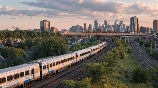 A train travels on tracks in front of a city skyline at dusk with a cloudy sky above the landscape view