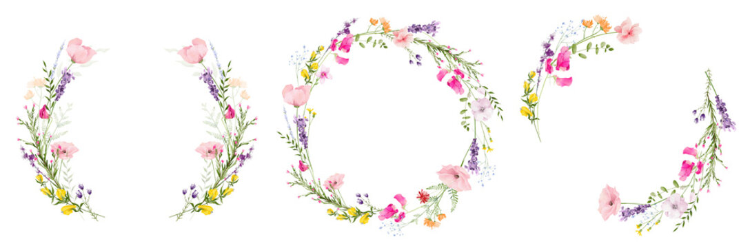 Watercolor floral round wreath frame set. Diverse meadow pink poppies, violet lavender, yellow flowers, green branches. Hand drawn style illustration. Artistic template design.